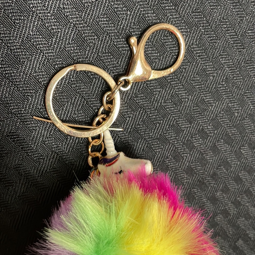Unicorn Rainbow Puff Ball Fluffy Fur Keychain - Picture 2 of 3